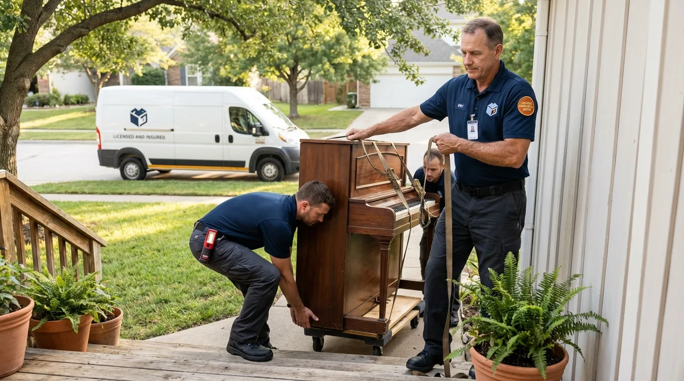 Licensed piano movers securing grand piano in New Brighton, PA