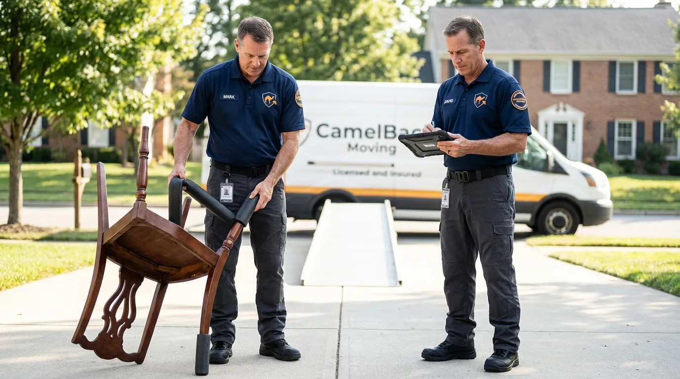 Movers inspecting furniture for damage prevention before loading in New Brighton, PA