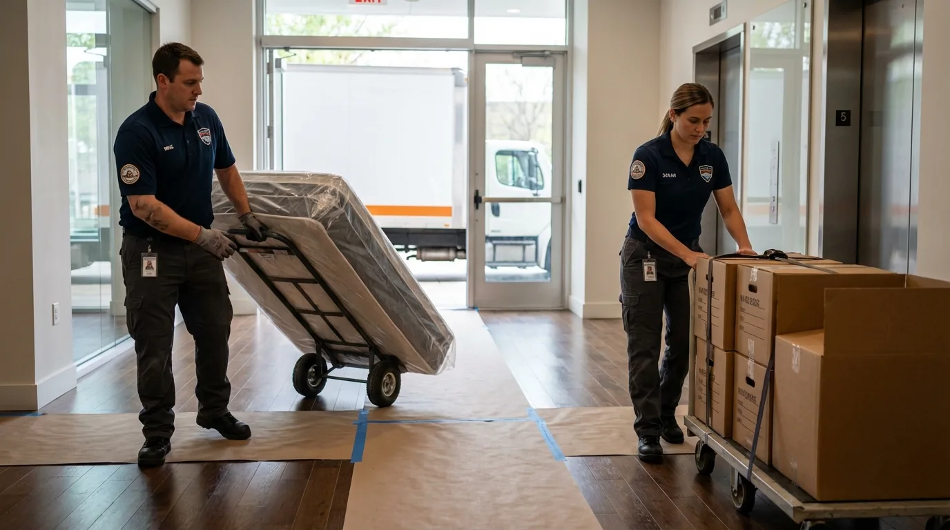 Professional apartment movers loading elevator in New Brighton, PA
