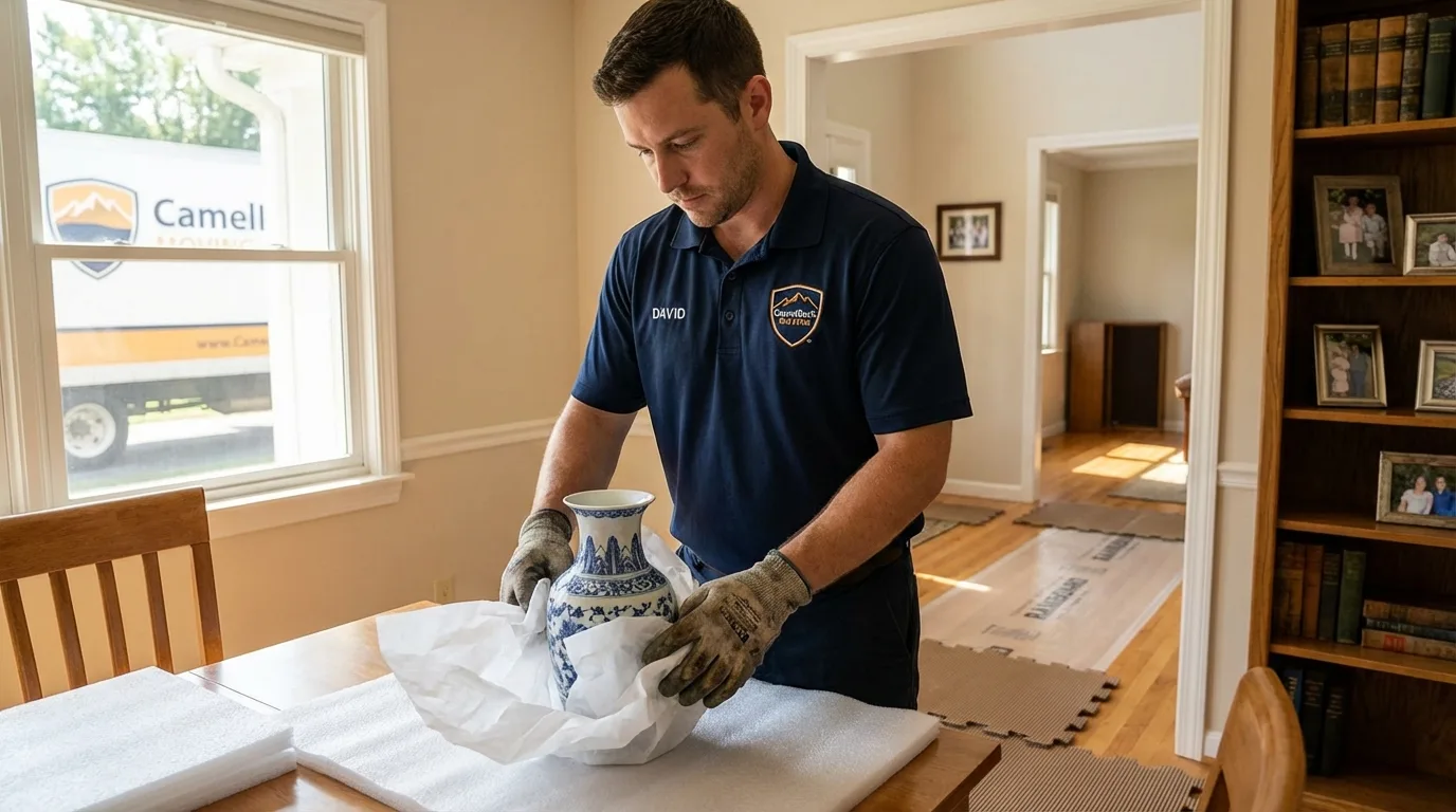 Professional crew carefully wrapping antique vase for senior downsizing move in New Brighton, PA